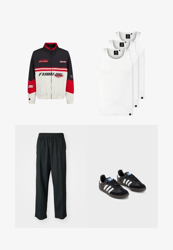 FUBU bunda s čierno-červenobielou farebnou schémou. Vyrobená z ľahkého materiálu so zipsom, elastickými manžetami a výrazným logom.; Tri biele rebrované tielka vyrobené z bavlny. Majú okrúhly výstrih a malé čierne štítky pri leme. Dostupné v rôznych veľkostiach.; Čierne športové nohavice s elastickým pásom, vyrobené z hladkého materiálu, s jemným bočným šitím a voľným strihom, rovný strih.; Čierne tenisky so zvrškom z semišu a syntetického materiálu, s tromi bielymi pruhmi, štruktúrovanou gumovou podrážkou a modrou logovou etiketou na jazyku.