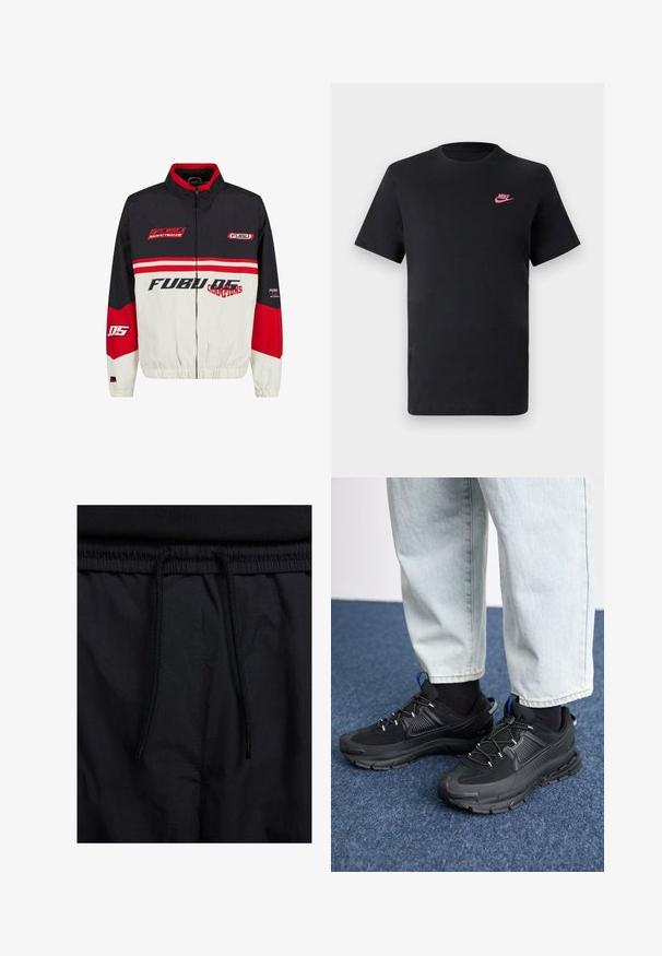 FUBU-jakke med svart, rødt og hvitt fargevalg. Laget av lett materiale med glidelås, elastiske mansjetter og dristig logotekst.; Svart bomull T-skjorte med rund hals og korte ermer. Har en rosa Nike-logo på øvre venstre side. Glatt tekstur.; Sorte shorts med snor i livet, lett stoff med en jevn tekstur, og et enkelt design uten synlige logoer eller mønstre.; Svarte sportssko med teksturert stoff og gummisåler, med elastiske lisser og en blå detalj på hælen. Brukt med lyse denimbukser.