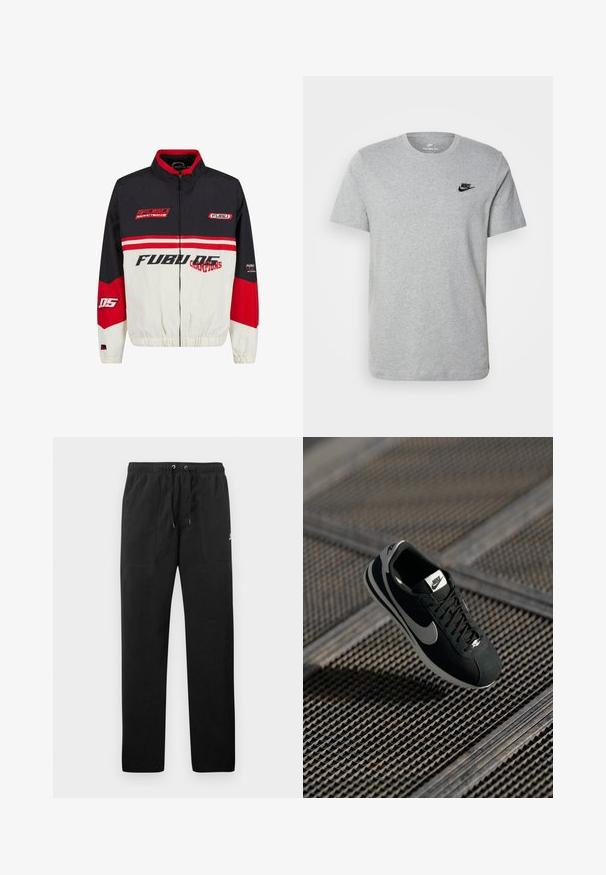FUBU bunda se černou, červenou a bílou barevnou kombinací. Vyrobena z lehkého materiálu, s bočním zipem, elastickými manžetami a výrazným textem loga.; Šedé tričko s krátkým rukávem vyrobené z bavlny, s černým logem Nike na hrudi a kulatým výstřihem. Minimalistický design bez vzorů.; Černé teplákové kalhoty vyrobené z fleecu, s elastickým pasem a šňůrkami, dvěma předními kapsami a malým logem na stehně.; Černé tenisky Nike s šedými akcenty, z nubuku a síťoviny, s texturovanou podrážkou, úzkým tvarem a klasickým šněrovacím designem.