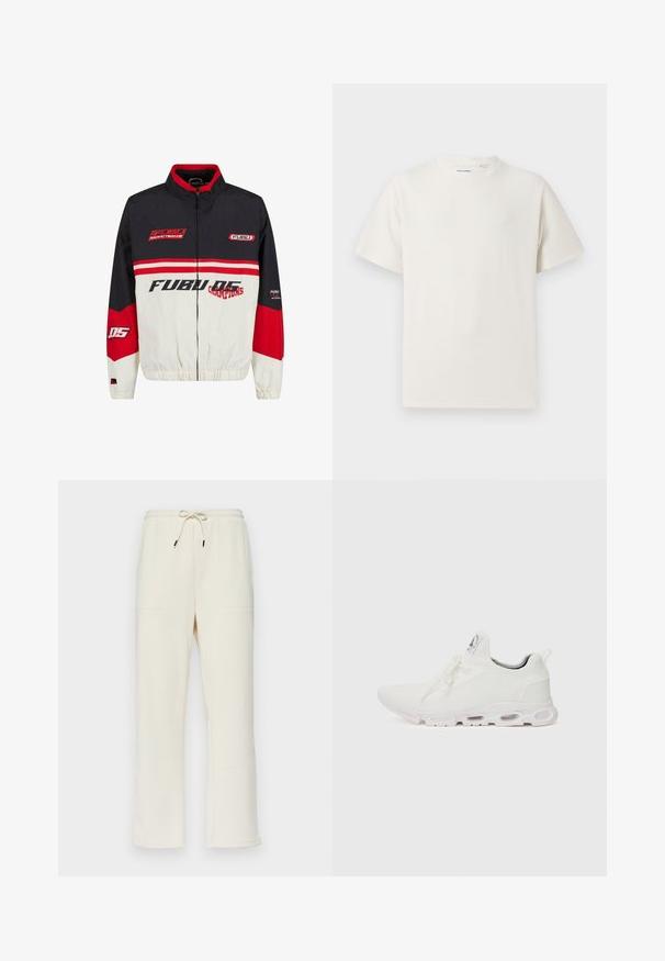 FUBU jakk, millel on must, punane ja valge värvigamma. Valmistatud kergest materjalist, millel on tõmblukk, elastsed mansetid ja julge logo tekst.; Valge lühikeste varrukatega T-särk ribakudumises. Ümar kaelus, mugav lõige, nähtavad mustrid ega aksessuaarid puuduvad. Lihtne ja mitmekesine disain.; Kreemit värvi ribaroogadega dressipüksid, millel on nööriga vöökoht, kaks külgetaskut ja sirge jalgade disain.; Valged sportijalatsid, millel on tekstuuriga kudum peal, lame paelad ja pehmendatud tallad nähtavate õhukambritega täiendava toe jaoks.