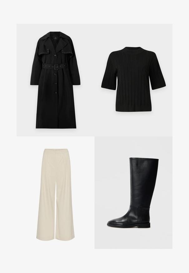Svart trenchcoat laget av glatt stoff. Har belte i midjen, stor krage, knappelukking og dekorative sølvøyer foran.; Sort genser med korte ermer i ribbestrikket tekstur og høy hals, med vertikale linjer og en tettsittende silhuett.; Bredde benbukser i en lys beige stoff, med folder, høy midje og en jevn tekstur uten synlige dekorasjoner.; Sorte skinnhøye støvler med rund tå, glatt tekstur, minimalistisk design og flat såle. Enkle sømdetaljer på skaftet.