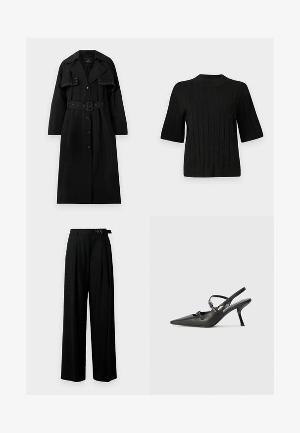 Must musträäk, mis on valmistatud siledast kangast. Omab vöökohtadega taljet, suurt kraed, nööbivälistust ja dekoratiivseid hõbedasi sildu esiosas.; Mustmustard mustrepp kootna, kuuidrust täparide kujuga taht seteheldat, milles vertikaalsed jooned ja kitser kuju.; Mustad kõrge vöökohaga mustad laiad püksid, millel on ees voldid ja vöö, millel on pandla. Valmistatud siledast ja kergest kangast.; Must musta slingback kontsad, terava nina, peenike konts ja dekoratiivne pandla detail peal. Sile tekstuur ja stiilne disain.