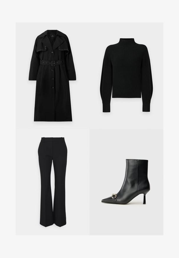 Black trench coat made from smooth fabric. Features a belted waist, large collar, button closure, and decorative silver grommets on the front.; Black knit sweater with a high collar, ribbed texture, and raglan sleeves. The body is slightly cropped with a thick ribbed hem.; Black pleated trousers with a straight-leg design, made from a smooth fabric. Features a high waist and invisible side pockets.; Black leather ankle boot with pointed toe, slim mid-height heel, and silver buckle detail on side against plain background.