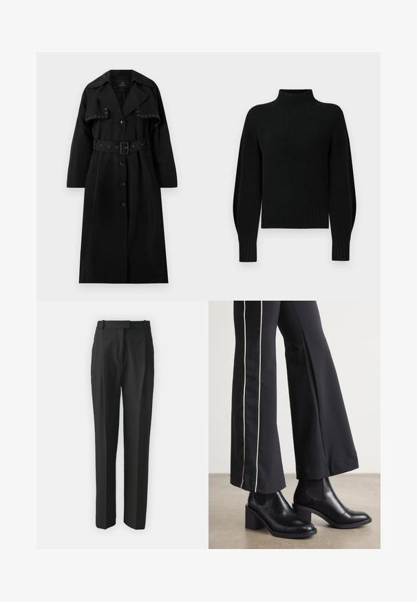 Črn plašč iz gladkega blaga. Ima pas s sponko, velik ovratnik, gumbasto zapiranje in dekorativne srebrne gromete spredaj.; Črn pleten pulover z visokim ovratnikom, rebrasto teksturo in raglan rukavi. Telo je nekoliko skrajšano z debelim rebrastim robom.; Črne krojene hlače iz lahkotnega materiala, z ravnim krojem, gladkim sprednjim delom in zankami za pas. Gladka tekstura brez vidnih vzorcev.; Črne usnjene gležnjarje s blok peto, z elastičnimi stranskimi paneli. Kombinirane s črnimi hlačami, ki imajo bele stranske črte.
