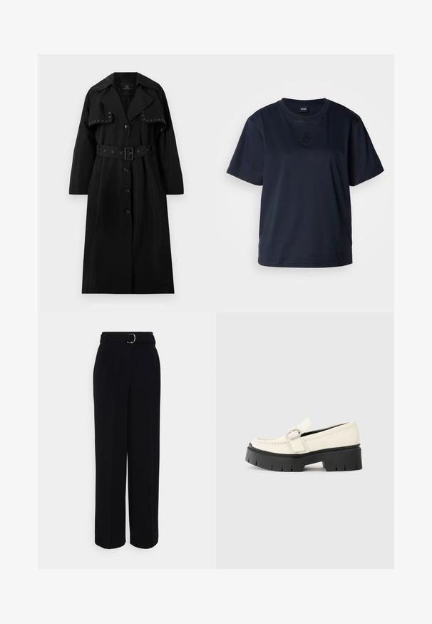 Crni trench kaput izrađen od glatkog materijala. Ima pojas u struku, veliki ovratnik, dugme za zatvaranje i ukrasne srebrne rupice sprijeda.; Tamno plava majica s kratkim rukavima od mekanog pamuka. Ima okrugli izrez i suptilan izvezeni logo na prsima.; Crne klasične hlače širokog kroja, sa remenom sa srebrnom kopčom, nabranim detaljima i glatkim tekstilom.; Bijeli kožni loafer s debelim crnim platformom, s pravokutnom srebrnom kopčom i vidljivim šavnim detaljima na gornjem dijelu.