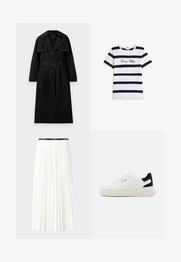 Abrigo negro tipo trench hecho de una tela suave. Presenta una cintura con cinturón, gran cuello, cierre de botones y ojales decorativos plateados en la parte delantera.; Camiseta de algodón con rayas horizontales azul marino sobre un fondo blanco. "Tommy Hilfiger" bordado en cursiva en el pecho. Escote de tipo crew.; Falda blanca plisada con una cinturilla elástica negra que presenta el logotipo "LACOSTE". Diseño de longitud media con textura suave.; Zapatillas blancas de cuero con una suela blanca gruesa, acento en el talón de ante negro y logo grabado en el lateral. Diseño de cordones con seis ojales.