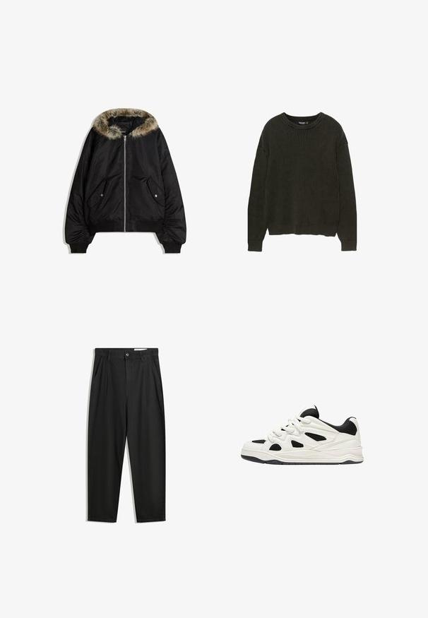 Svart bomberjacka med huva i fuskpäls, dragkedjestängning och sidofickor. Har ribbade ärmslut och nederkant, med en slät yttre textur.; Mörkgrön ribbad tröja med lång ärm, rund halsringning och en avslappnad passform. Texturerad tyg med subtil elastik. Ingen synlig hårdvara eller mönster.; Svarta bomullsshorts med avslappnad passform, med en klassisk midja, framveck och sidfickor. Slät textur utan mönster.; Vita och svarta träningsskor med en strukturerad sula, som har utskärningar på sidorna och snörning, samt en vadderad baksida för stöd.
