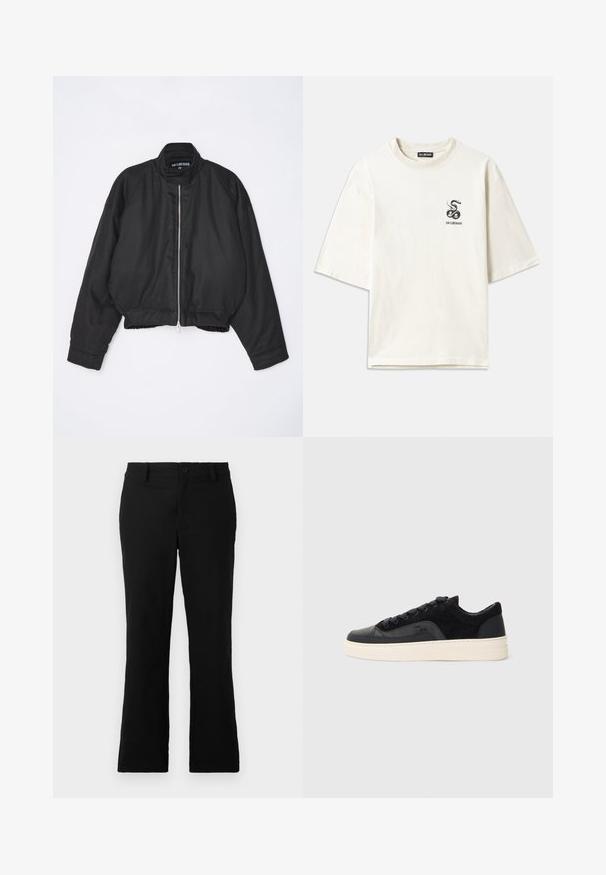 Black bomber jacket with a high collar, zip front closure, and gathered hem. Features raglan sleeves and a smooth fabric texture.; Cream-colored oversized T-shirt made of cotton. Features short sleeves and a small black snake graphic on the left chest.; Black flared trousers made of cotton blend fabric, featuring a button closure, belt loops, and a smooth texture with no visible patterns.; Black sneakers featuring a combination of smooth leather and textured suede, with flat laces, rounded toe, and a cream rubber sole.
