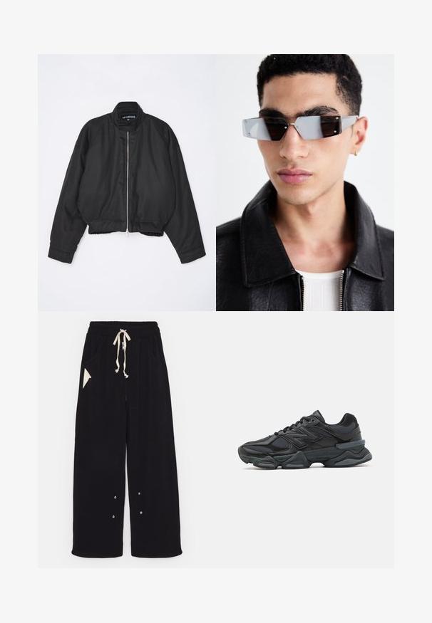 Veste bomber noire avec un col haut, fermeture éclair à l'avant et ourlet froncé. Dotée de manches raglan et d'une texture de tissu lisse.; T-shirt noir à manches courtes en coton, avec un col rond et une coupe décontractée. Texture lisse avec des détails de couture minimalistes.; Pantalons larges noirs en tissu doux avec une taille à cordon, poches latérales et une poche d'accent en forme de triangle. Détails en métal argenté inclus.; Chaussure de course noire mettant en avant un mélange de mesh et de matériaux synthétiques, avec une semelle épaisse, un design arrondi et un logo bien visible sur le côté.; Lunettes de soleil grises angulaires avec des détails en argent, sur un fond clair. Les verres présentent une forme géométrique unique.