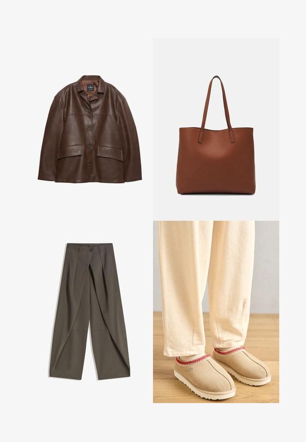 Brun tekstureret læderjakke med knaplukning, spids krave og to klaffelommer på hvid baggrund.; Langærmet crèmefarvet sweater med rund hals og ribbede manchetter, der har en let cropped kant og en afslappet pasform.; Vide bukser lavet af et struktureret, mørkegråt stof. Har en frontfald, knaplukning og sidelommer for praktisk anvendelse.; Tan suede klipklapper med rød dekorativ trim og hvid gummisål, parret med lyse beige bukser, placeret på et trægulv.; Brun læder tote taske med en glat overflade, åben topdesign og to skulderremme. Har minimal syning og ingen synlig hardware.