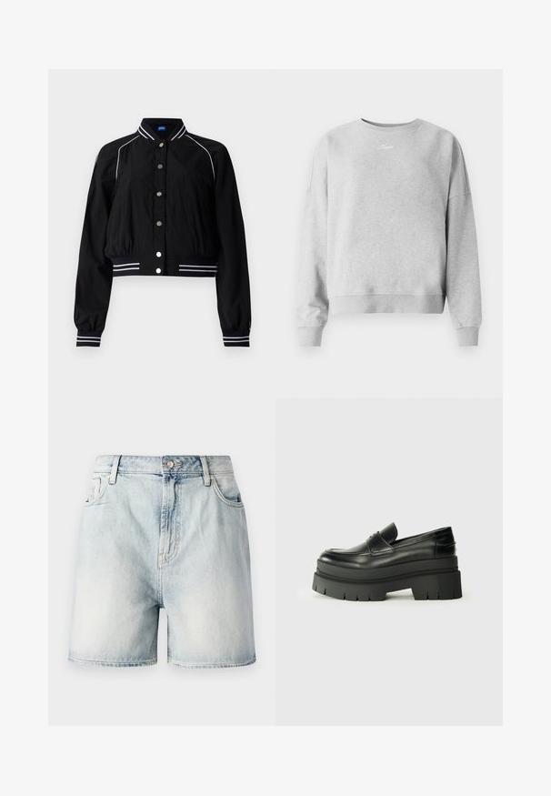 Zwarte bomberjack met een cropped ontwerp, voorzien van witte gestreepte accenten op de kraag en manchetten, vastgemaakt met metalen knopen aan de voorkant.; Lichtgrijze sweatshirt met een ronde halslijn, ribgebreide manchetten en zoom, en een subtiele tekstlogo op de borst. Zacht, getextureerd materiaal.; Lichtblauwe denim shorts met een knoopsluiting, vijf zakken en een vervaagde textuur. Rechte pasvorm met een klassiek ontwerp.; Zwarte lederen loafers met een chunky plateauzool. Rondere neus, naden aan de voorkant en subtiele stikselaccenten. Vlakke, gestructureerde buitenzool.