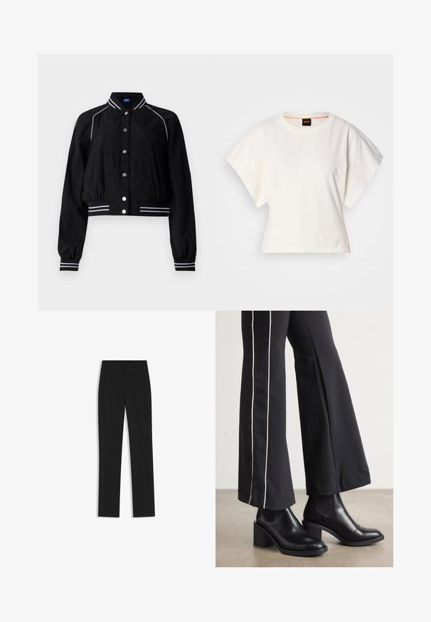 Schwarze Bomberjacke mit einem cropped Design, versehen mit weißen gestreiften Akzenten an Kragen und Manschetten, die vorne mit metallischen Knöpfen gesichert ist.; Weißes, kurzes T-Shirt, kurze weite Ärmel, weicher Baumwollstoff, runder Ausschnitt mit subtilen orangefarbenen Akzenten, minimales Design, keine Muster oder Grafiken.; Schwarze maßgeschneiderte Hose mit geradem Bein, ausgestattet mit Fronttaschen und einem glatten, strukturierten Stoff. Saubere, minimale Details.; Schwarze Lederstiefeletten mit einem Blockabsatz, ausgestattet mit elastischen seitlichen Einsätzen. Kombiniert mit schwarzen Hosen, die einen weißen Seitenstreifen haben.