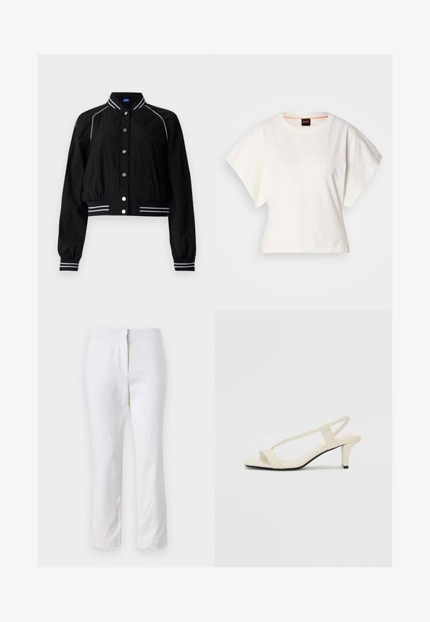 Fekete bomberdzseki rövid szabással, fehér csíkkal díszítve a galléron és az ujjakon, elöl fémből készült gombokkal zárható.; Fehér, rövid, bő ujjú, crop szabású póló, puha pamut anyagból, kerek nyakkivágással, finom narancssárga díszítéssel, minimalista dizájn, minta vagy grafika nélkül.; Fehér pamut nadrág egyenes lábformával, közepes derékkal, látható fémrészek vagy minták nélkül. Sima textúra az egész anyagon.; Beige színű, blokksarkú szandálok vékony pántokkal és négyzet alakú orral. Simább anyag, minimális részletezéssel, amely könnyű viselésre lett tervezve.