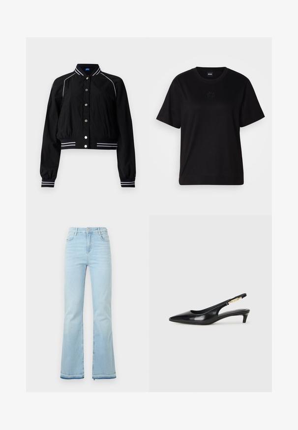 Schwarze Bomberjacke mit einem cropped Design, versehen mit weißen gestreiften Akzenten an Kragen und Manschetten, die vorne mit metallischen Knöpfen gesichert ist.; Schwarzes Baumwoll-T-Shirt mit Rundhalsausschnitt, kurzen Ärmeln und aufgesticktem Logo auf der Brust. Einfacher, lässiger Schnitt ohne Muster.; Hellblaue Schlagjeans aus Denim, mit hoher Taille, Vordertaschen und einem rohen Saum an den Bündchen für einen lässigen Look.; Schwarze Leder-Slingback-Pumps mit spitzem Schuhblatt, ausgestattet mit einem schlanken Absatz und einem goldfarbigen Akzent am verstellbaren Riemen. Glatte Textur.