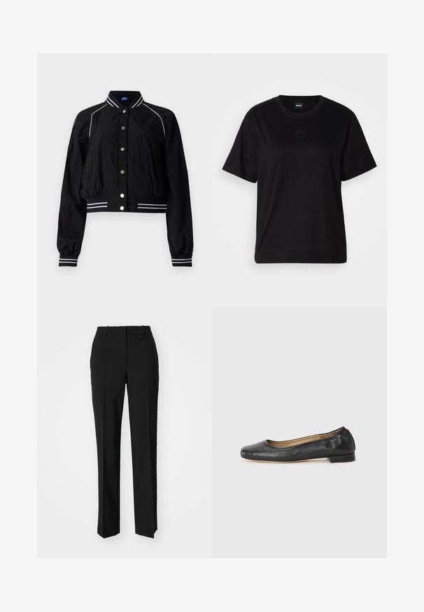Mustmust mustroom kapuutsiga must jakk, millel on lühendatud disain, valge triibuline aktsent krael ja mansettidel, ees metallnuppudega kinni.; Mustmust särk, millel on ümar kaelus, lühikesed varrukad ja tindiga tikitud logo rinnal. Lihtne, mugav lõige ilma mustriteta.; Mustad ja sirged püksid, millel on sile tekstuur ja teravad voldid esiosas. Ilma nähtavate detailideta.; Mustad nahast baleriinijalatsid ümmarguse varba ja minimaalse õmblusega. Madal, ruudukujuline konts ja sile tekstuur. Diskreetne sisepinna detail.