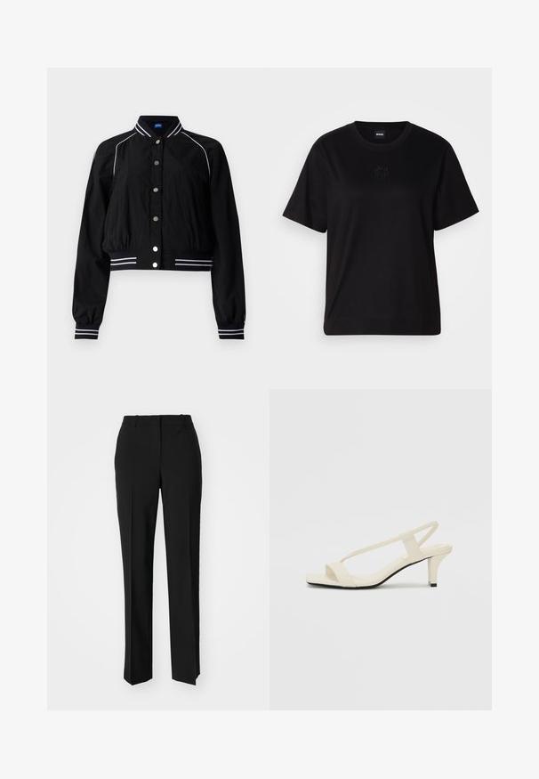 Sort bomberjakke med en cropped design, der har hvide stribede detaljer på kraven og manchetterne, lukket med metalliske knapper foran.; Sort bomulds t-shirt med rund halsudskæring, korte ærmer og et broderet logo på brystet. Enkel, afslappet pasform uden mønstre.; Sorte skræddersyede bukser med lige ben-design, der har en glat tekstur og skarpe folder langs fronten. Ingen synlige hardware.; Beige blokhælede sandaler med tynde remme og en firkantet tå. Glat materiale med minimal detaljering, designet til nem brug.