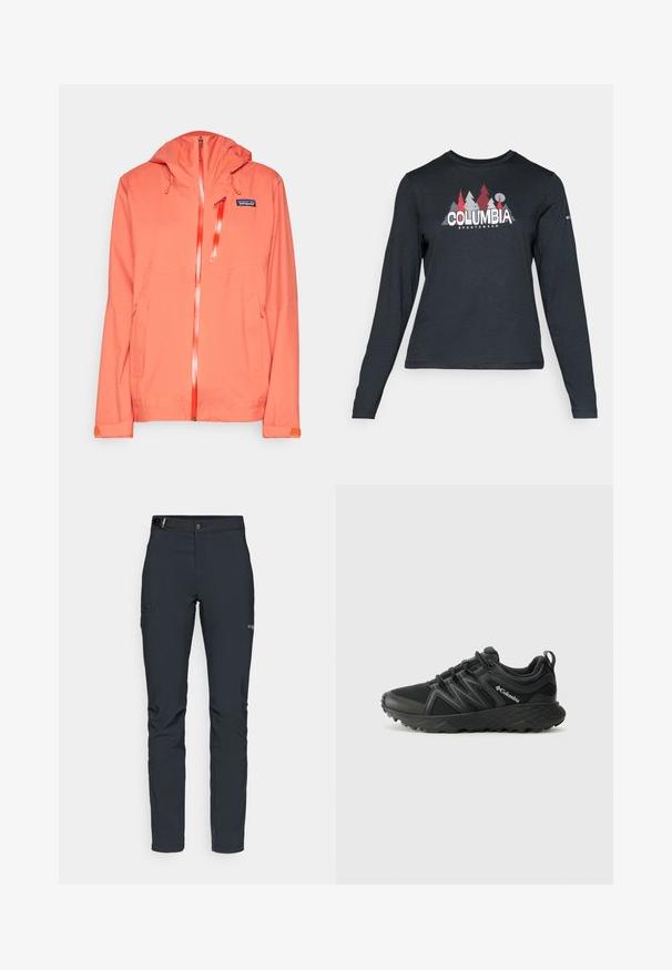 Patagonia GRANITE CREST - Casaco impermeável - pimento red; Camisa de mangas longas cinza escuro com um gráfico de árvores vermelhas e montanhas; logótipo "COLUMBIA" em texto branco em negrito. Tecido suave, cuello redondo padrão.; Calças de exterior para homens, cinza escuro, feitas de material flexível, com cinto, bolsos com fecho éclair e costuras reforçadas.; Columbia PEAKFREAK - Sapatos de caminhada - black