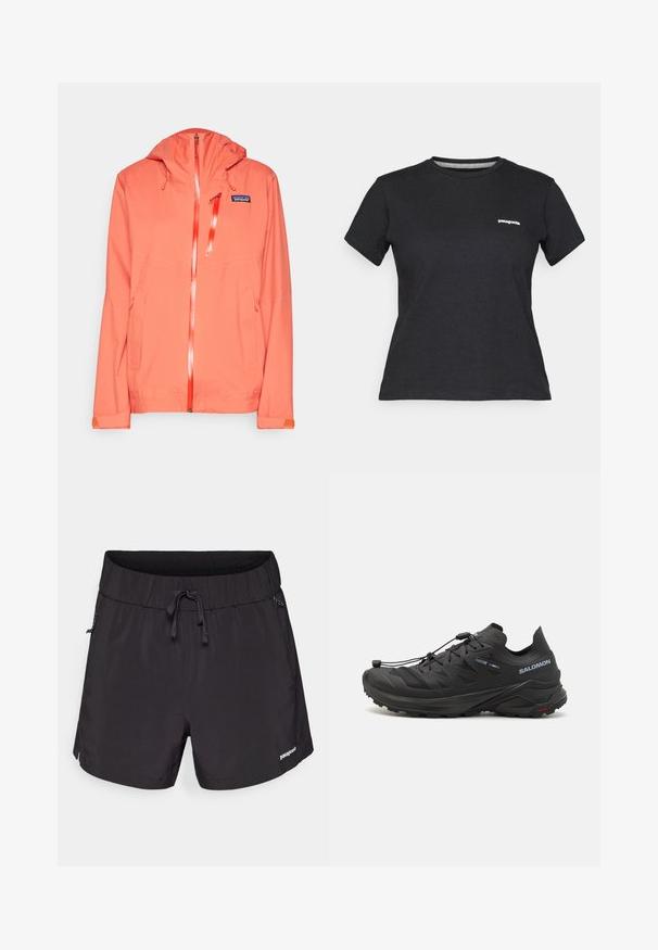 Patagonia GRANITE CREST RAIN - Veste Hardshell - pimento red; T-shirt en coton noir avec un col rond et des manches courtes. Présente un logo "Patagonia" blanc sur le côté gauche de la poitrine.; Shorts de bain noirs en tissu léger, dotés d'une taille élastique, d'un cordon de serrage et de poches latérales pour plus de fonctionnalité.; Chaussures de trail running noires avec une tige texturée, des panneaux en maille et un système de fixation sécurisé. Présentent une semelle extérieure robuste pour une meilleure traction.