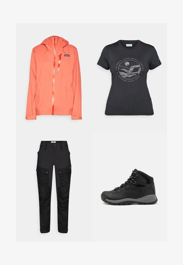 Patagonia GRANITE CREST - Hardshell striukė - pimento red; Juodas "Columbia" marškinėliai su balta apskrita kalnų ir upės linijų grafika bei tekstu "Columbia Sportswear Company Lauke nuo 1938 metų."; Juodi cargo kelnės, pagamintos iš tvirto audinio, su keliomis kišenėmis, užtrauktuko uždarymu ir plokščiu juosmeniu. Tekstūruoti kelio ir šonų detalės.; Juodas žygio botas su vidutinio aukščio dizainu, pasižymintis tekstūruota viršutine dalimi, pilkų akcentų ir patvaria guma padanga su sukibimo gumbais.