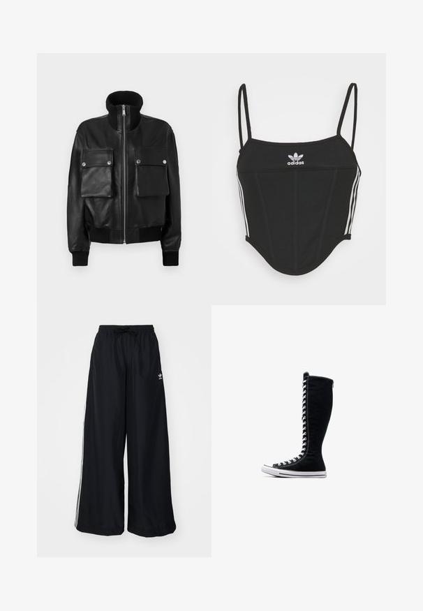 Schwarze Lederjacke mit hohem, geripptem Kragen, Frontreißverschluss, zwei großen Klapptaschen mit Druckknöpfen sowie gerippten Bündchen und Saum.; Schwarzes, geripptes Crop Top mit verstellbaren dünnen Trägern, das drei weiße Streifen an den Seiten und ein kleines weißes Adidas-Logo in der Mitte aufweist.; Schwarze weite Hosen aus leichtem Material. Mit elastischem Bund und Kordelzug sowie weißen Seitenstreifen. Markenlogo auf der Hüfte.; Schwarze High-Top-Sneaker mit hohem Design, aus Canvas. Sie verfügen über weiße Schnürsenkel, Nähte und eine Gummisohle mit einer Zehenkappe.