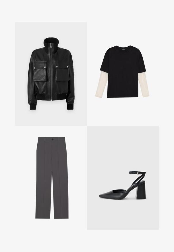 Mustat nahkatakki, jossa on korkea ribattu kaulus, edessä vetoketju, kaksi suurta läpällistä taskua, joissa on nepparit, sekä ribatut hihansuut ja helma.; Mustapaita, joka on valmistettu puuvillasta ja jossa on lyhyet hihat valkoisen pitkähihasen kerroksen päällä, jossa on hienovarainen teksturoitu kuvio. Pyöreä kaula-aukko.; Harmaat housut, joissa on suora lahkeiden muotoilu, kahdella sivutaskulla ja nappisuljenta. Pehmeä kangas, jossa ei ole näkyviä kuvioita tai yksityiskohtia.; Mustat nahkakengät, joissa on kapea kärki, nilkkaremmi ja paksu korko. Tasainen pinta, tyylikäs muotoilu ja minimalistinen estetiikka.