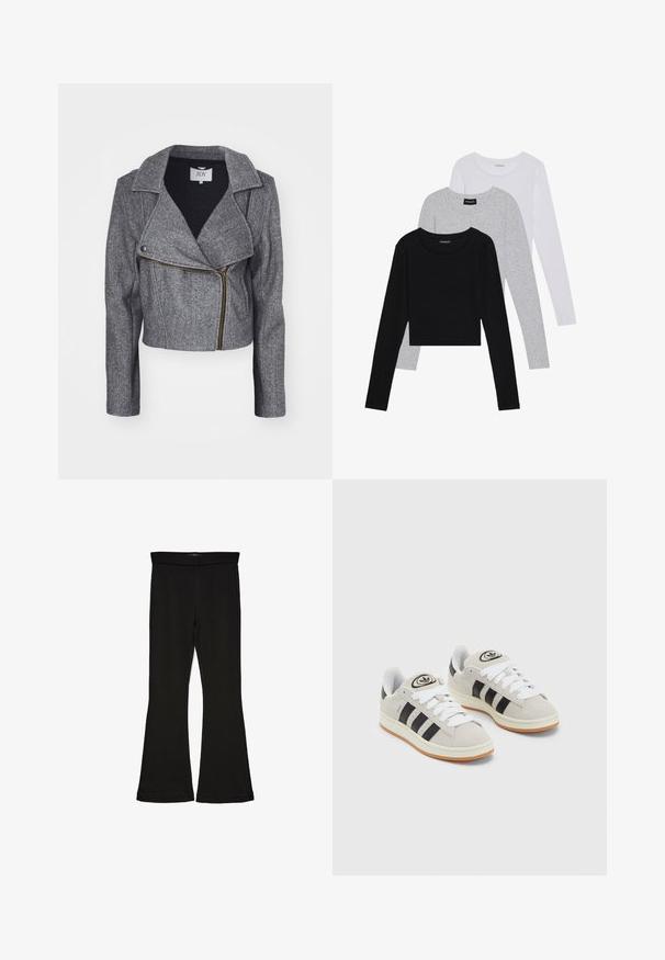 Casaco cinza, curto, feito de tecido texturizado. Apresenta um grande lapela, fecho assimétrico e mangas longas. Detalhe em zíper dourado.; Três camisetas de manga longa empilhadas: preta, cinza e branca. Cada uma tem um decote redondo e um design cropped, feitas de um tecido leve e suave.; Leggings pretos em flare feitos de um tecido elástico. Apresentam uma cintura larga e uma textura suave, com um silhueta ajustada que se alarga na bainha.; Tênis de camurça cinza com atacadores brancos, riscas pretas e uma sola de borracha branca. Apresenta um logótipo circular na língua e uma sola de borracha.