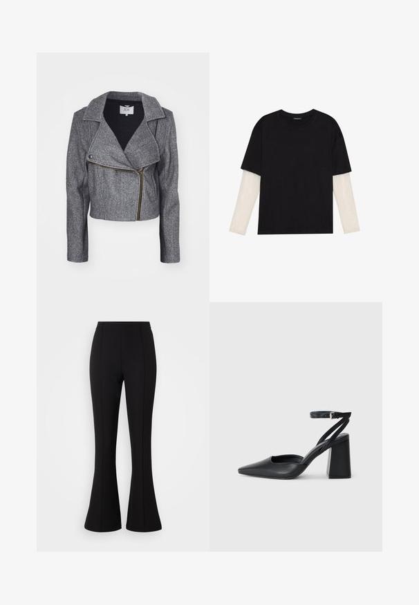 Gray, cropped jacket made of textured fabric. Features a wide lapel, asymmetrical zipper, and long sleeves. Gold zipper accent detail.; Black T-shirt made of cotton, featuring short sleeves over a white long-sleeve layer with a subtle textured pattern. Crew neckline design.; Black flared pants made from stretchy fabric, featuring a smooth texture, high waist, and seam detailing along the front.; Black leather pointy-toe pump with an ankle strap and a chunky heel. Flat texture, sleek design, and minimalistic aesthetics.