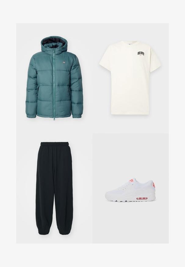 Teal puffer jacket with a hood, zip closure, and elastic cuffs. Features a small logo on the chest and quilted design for insulation.; Cream-colored cotton t-shirt with short sleeves, featuring "NIKE SB" in black and red text on the chest. Standard round neckline.; Black, elasticated-waist sweatpants with a loose fit, cuffed ankles, smooth texture, and no visible patterns or hardware accents.; White athletic sneaker featuring a smooth upper, lace closure, cushioned sole, and a visible air unit with red accents on the branding.