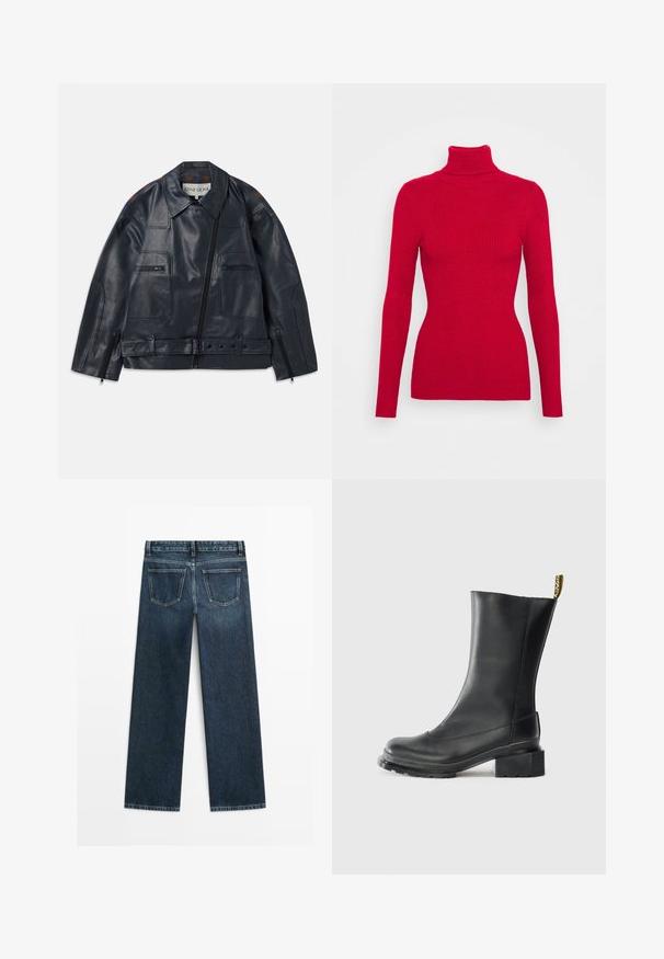 Granatowa skórzana kurtka o zorganizowanym fasonie, z zamkiem błyskawicznym z przodu, dwoma kieszeniami na piersi oraz kontrastującymi brązowymi akcentami na ramionach.; Czerwony sweter z wysokim kołnierzem, prążkowany, z długimi rękawami, o strukturalnym materiale, dopasowany do sylwetki. Bez widocznych ozdób.; Granatowe dżinsy o prostym kroju, z dwoma tylnymi kieszeniami i widocznym ściegiem wzdłuż szwów i brzegów.; Czarne skórzane botki za kostkę na słupku, o gładkiej fakturze, z okrągłym noskiem i pętelką z tyłu z żółtą marką.