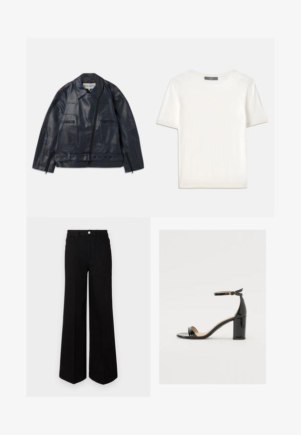 Námořnická kožená bunda se strukturovaným designem, s předním zipem, dvěma náprsními kapsami a kontrastními hnědými akcenty na ramenou.; Bílý pletený top s krátkým rukávem a kulatým výstřihem, s hladkou strukturou a jemnými ribovými akcenty na rukávech a lemu.; Černé široké džíny vyrobené z pevné látky, s vysokým pasem, předními kapsami a zapínáním na knoflík. Rovný lem na spodním okraji.; Černé lakované sandály s širokým podpatkem, otevřenou špičkou a řemínkem kolem kotníku se zlatou sponou. Hladký povrch a elegantní design.