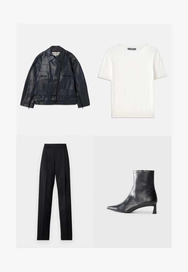 Jūrų laivyno odinė striukė su struktūrizuotu dizainu, turinti užtrauktuku užsegamą priekinę dalį, dvi krūtinės kišenes ir kontrastingas rudas akcentus ant pečių.; Baltas trumpas rankovėmis megztinis su apvaliu kaklu, pasižymintis lygia tekstūra ir subtiliais raštuotais akcentais rankovėse bei apykaulyje.; Juodos kelnės iš lygaus audinio, pasižyminčios aukštu liemeniu, plačiomis kojomis, priekinėmis klostėmis ir klasikiais diržo kilpomis. Šoninių kišenių nematyti.; Juodas odinis kulkšninis batas su smailiu pirštu ir elegantišku dizainu. Turi žemą kulną ir užtrauktuką gale. Lygi tekstūra.