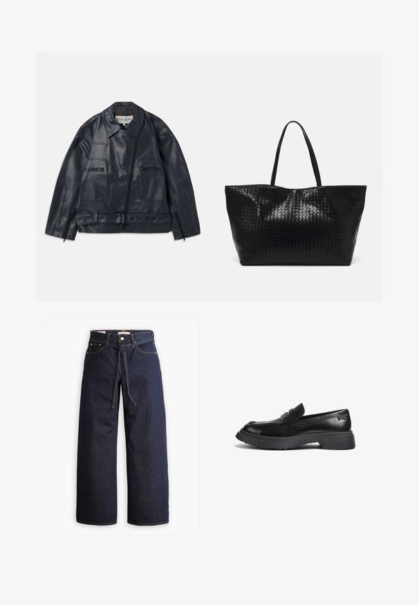Giubbotto di pelle blu navy con un design strutturato, dotato di zip frontale, due tasche sul petto e accenti marroni a contrasto sulle spalle.; Maglietta nera a maniche lunghe realizzata in un tessuto liscio e elasticizzato. Presenta un collo alto e una vestibilità attillata, con polsini leggermente svasati.; Jeans in denim scuro a gamba larga con vita alta, dotati di un laccio, cinque tasche e dettagli di cucitura a contrasto.; Mocassino in pelle nera con suola in gomma spessa, fascia per monete e punta arrotondata, mostrato in profilo laterale su sfondo bianco.; Borsa tote nera intrecciata con due manici robusti, caratterizzata da una texture lucida e un ampio design a apertura aperta.