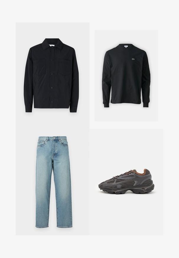 Svart knappjakke laget av lett stoff, med to brystlommer, rett krage og lange ermer. Glatt tekstur uten mønster.; Svart langermet T-skjorte laget av bomull, med rund hals og en liten grønn brodert krokodillelogo på venstre bryst.; Lys blå denimjeans med løs passform, rette ben, fem-lomme-design og knappelukking i livet. Minimalistisk sømdetalj.; Lacoste-sneakers i mørkegrått med mesh- og syntetisk materiale, med en teksturert såle og brune detaljer på kragen og merket.