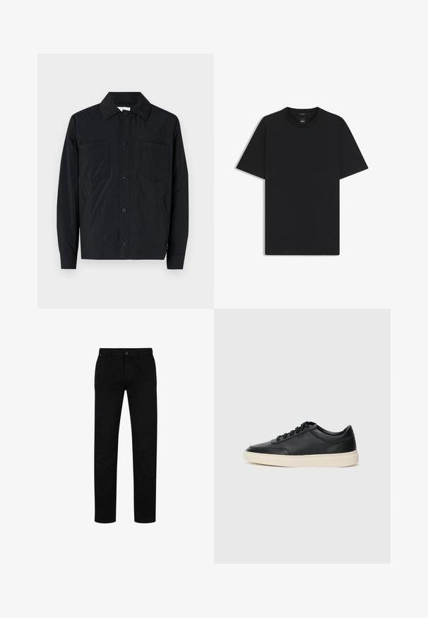 Svart knäppjacka i lätt tyg med två bröstfickor, rak krage och långa ärmar. Slät textur utan mönster.; Svart kortärmad T-shirt i en mjuk bomullsblandning, med rundad halsringning och en minimalistisk design utan mönster eller detaljer.; Svarta bomullsbyxor med rak passform, med knappstängning, bälteshällor och minimalistisk design. Slät textur, utan mönster.; Svart låg skor i läder med svarta snören och off-white sula, visas i sidoprofil på vit bakgrund.