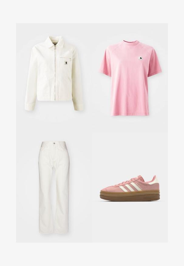 Bijela jakna od pamuka sa zatvaračem sprijeda, šiljastim ovratnikom i bočnim džepovima. Sadrži mali logotip na prsima i duge rukave.; Ružičasta pamučna majica s kratkim rukavima i okruglim izrezom. Ima malu kvadratnu oznaku na lijevoj strani prsnog područja. Glatka tekstura.; Bijele traper hlače s visokim strukom i širokim nogavicama. Sadrže kopčanje na dugme i patentni zatvarač, petlje za remen i suptilne detalje šivanja.; adidas Originals GAZELLE BOLD - Tenisice - mauve/off white