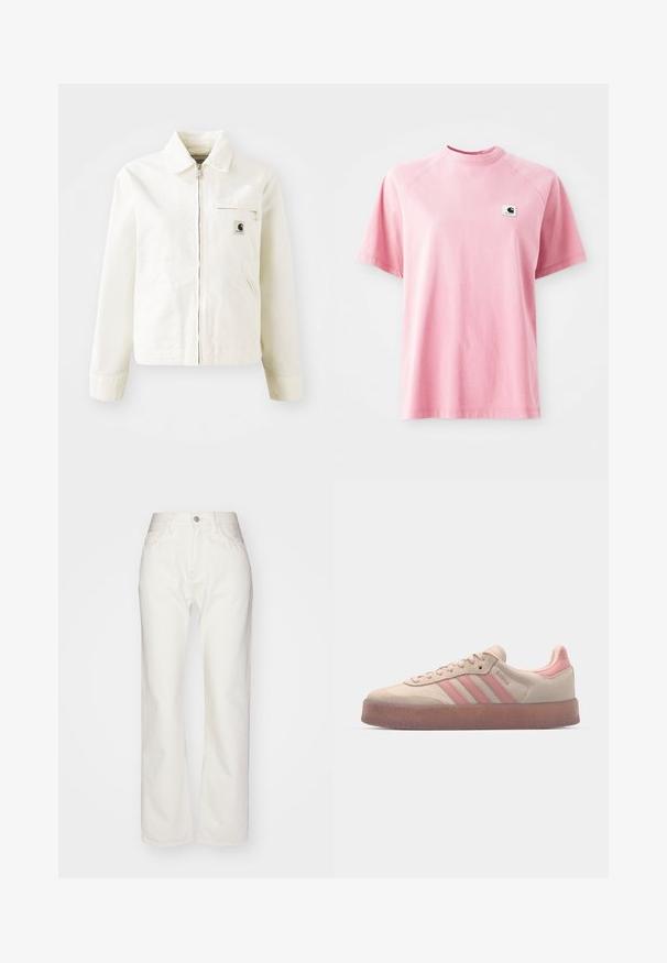 White jacket made of cotton with a zip front, pointed collar, and side pockets. Features a small logo patch on the chest and long sleeves.; Pink cotton t-shirt with a crew neck and short sleeves. Features a small square logo patch on the left chest area. Smooth texture.; White denim trousers with a high waist and wide-leg fit. Features a button and zipper closure, belt loops, and subtle stitching details.; Beige suede sneakers with light pink accents, textured rubber sole, and three pink stripes on the side. Rounded toe and lace-up design.