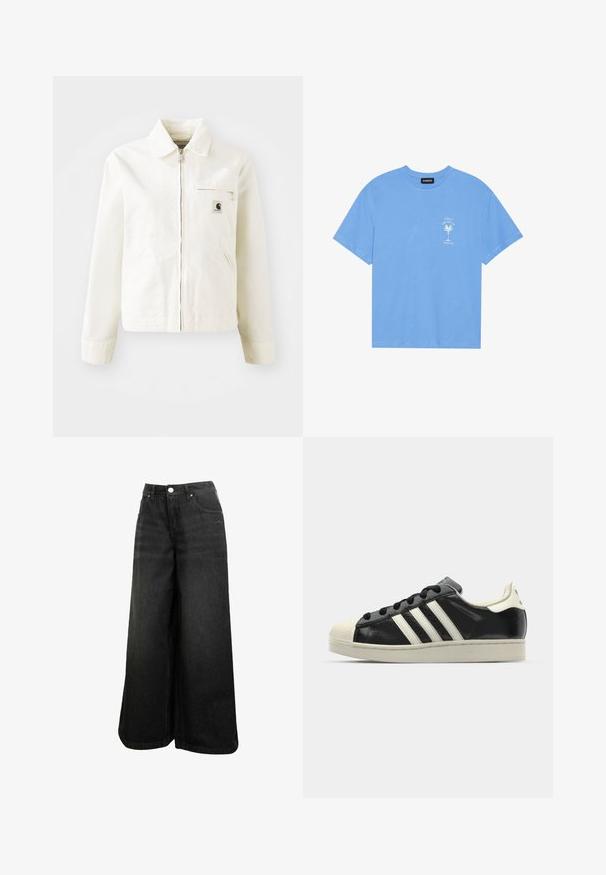 Valge puuvillane jakk, millel on tõmblukk, terav krae ja küljetaskud. Ees on väike logo kleebis, pika varrukaga.; Heledad sinine puuvillane T-särk ümmarguse kaelusega. Vasakul rinnal on valge palmipuu ja tekst. Lühikesed varrukad.; Mustad laiad denimpüksid kõrge vöökohaga, ees nupuga, taskud ja õrn logo eesmääral.; Must have nahkased mustad tossud valgete triipudega, kummist varbakattega, mustade paeltega ja kreemika värvusega tallaga. Sile tekstuur ja läikiv viimistlus.