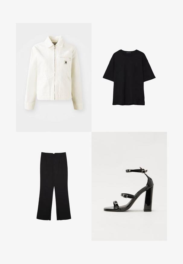 Bela jakna iz bombaža z zadrgo na sprednji strani, s koničastim ovratnikom in stranskimi žepi. Ima majhen logotip na prsih in dolge rokave.; Črna bombažna majica s sproščenim krojem, kratkimi rokavi, zaobljenim izrezom in gladko teksturo. Brez vidnih vzorcev ali dodatkov.; Črne hlače ravnega kroja z naglavnimi žepi in stranskimi razporki na robu. Narejene iz mehke, gladke tkanine. Primerne za različne priložnosti.; Črne lakirane sandale s peto, kvadratnim prstom, trakovi okrog gležnja in srebrnimi zaponkami. Opremljene so s stabilno Debelo peto.