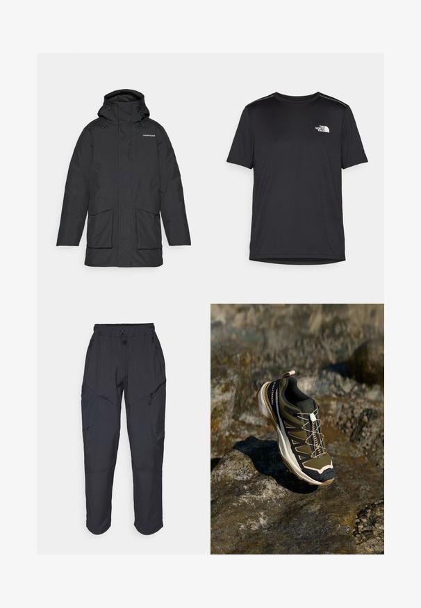 Svart vanntett parkas med høy krage, snor, to frontlommer og logoakkent. Glatt tekstur og justerbare funksjoner.; Svart kortermet T-skjorte laget av lett materiale. Har en liten hvit logo på venstre bryst og subtile skulderdetaljer.; Sorte cargo bukser laget av et lett, vannavvisende materiale; har elastisk midje, flere glidelåslommer og smale ben.; Fjellsko i olivengrønn og svart med rosa detaljer. Har en teksturert overdel, fleksibel såle, forsterket tåhette og fargerik snøringssystem.