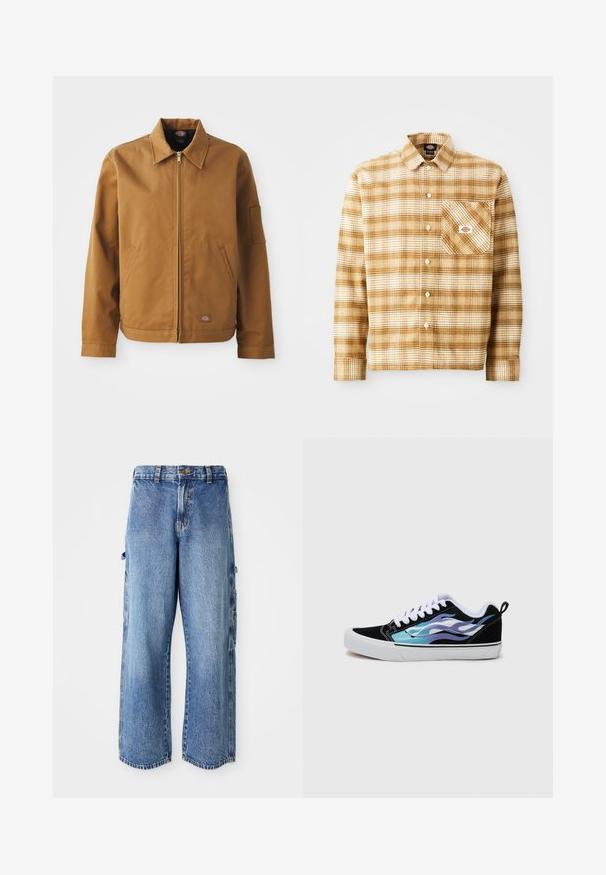 Brązowa bawełniana kurtka z kołnierzykiem, przednim zamkiem, bocznymi kieszeniami i kieszonką na rękawie. Posiada logo marki przy dolnym brzegu.; Brązowa i kremowa koszula w kratę z długim rękawem, wykonana z teksturowanej tkaniny, z kieszenią na piersi i zapięciem na guziki, z metką na kieszeni.; Czarna bawełniana koszulka z okrągłym dekoltem, krótkimi rękawami i małym czerwono-białym logo Dickies na piersi. Klasyczny krój.; Jasnoniebieskie dżinsowe spodnie cargo o szerokim kroju, z bocznymi kieszeniami, postarzanym wyglądem i lekko strzępionym dołem.; Czarne zamszowe sneakersy z białą gumową podeszwą. Ozdobione iryzującymi niebieskimi i fioletowymi wzorami płomieni. Białe sznurówki i uchwyt z tyłu.