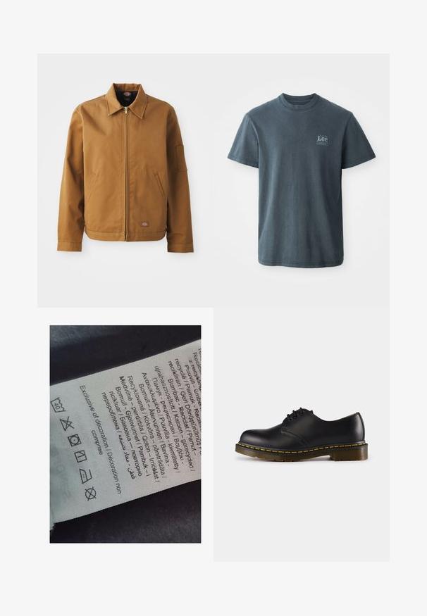 Braune Baumwolljacke mit Kragen, Frontreißverschluss, Seitentaschen und Armtasche. Verfügt über ein Markenlogo nahe dem Saum.; Dunkelgraues Baumwoll-T-Shirt mit Rundhalsausschnitt, kurzen Ärmeln und einem kleinen aufgedruckten Logo auf der linken Seite. Klassische Passform mit geradem Saum.; Etikett mit mehrsprachigem Text, Pflegehinweisen und Recycling-Symbolen, auf einem weichen, textilähnlichen Material in heller Farbe gedruckt.; Schwarzer Lederschuh mit abgerundeter Zehenpartie, Schnürdesign, gelbe Stickerei entlang der Sohle und einer kräftigen, strukturierten Gummisohle.