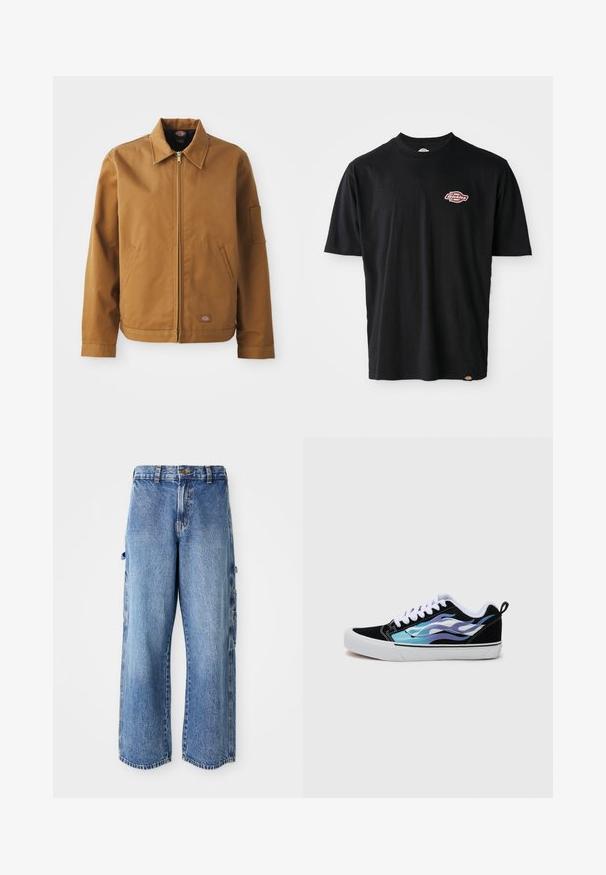 Smeđa pamučna jakna s ovratnikom, prednjim patentnim zatvaračem, bočnim džepovima i džepom na ruci. Ima brendiranu oznaku blizu rubova.; Crna pamučna majica s okruglim izrezom, kratkim rukavima i malim crvenim i bijelim Dickies logotipom na prsima. Klasičan kroj.; Svijetloplave traper cargo hlače s širokim nogavicama, koje imaju bočne džepove, istrošenu teksturu i malo izfranjene rubove.; Crne nubuk tenisice s bijelim gumiranim potplatom. Sadrže iridescentne plave i ljubičaste dizajne plamena. Bijele vezice i stražnja petna oznaka.