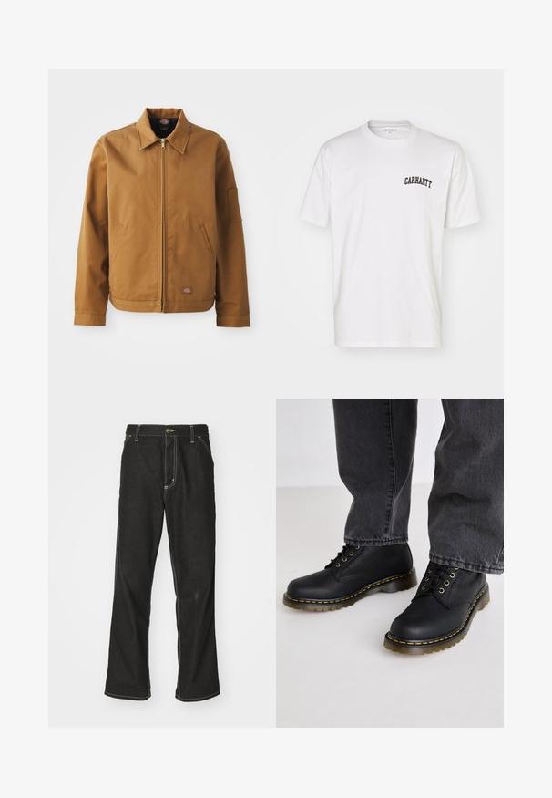 Brown cotton jacket with a collared neck, front zipper, side pockets, and arm pocket. Features a branded patch near the hem.; White cotton t-shirt with short sleeves and a crew neckline. Features a black "Carhartt" logo printed on the upper left chest area.; Black denim jeans with a loose fit, featuring contrasting white stitching, a button closure, and a straight leg design.; Black leather lace-up boots with textured finish, thick rubber sole, and yellow stitching accents, paired with gray denim pants.