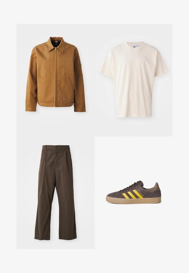 Bruine katoenen jack met een kraag, voorrits, zijzakken en een zak op de arm. Bevat een merkpatch nabij de onderrand.; Crème katoenen t-shirt met een ronde halslijn en korte mouwen; heeft een klein, lichtgekleurde logo op de borst.; Bruine, wijde broek van katoen met een knoopsluiting aan de voorkant, ceintuurlussen en een gladde, matte textuur.; Grijze suède sneaker met drie gele strepen, rubberen gumzool en textuurdetails. Merkwaarde "Gazelle" aan de zijkant. Eenvoudig vetersluiting ontwerp.