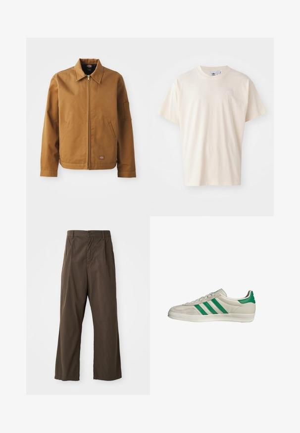 Bruine katoenen jack met een kraag, voorrits, zijzakken en een zak op de arm. Bevat een merkpatch nabij de onderrand.; Crème katoenen t-shirt met een ronde halslijn en korte mouwen; heeft een klein, lichtgekleurde logo op de borst.; Bruine, wijde broek van katoen met een knoopsluiting aan de voorkant, ceintuurlussen en een gladde, matte textuur.; Beige sneaker met groene strepen, voorzien van een witte zool en een bovenkant van glad leer. Zijaanzicht dat de veters en het logo benadrukt.