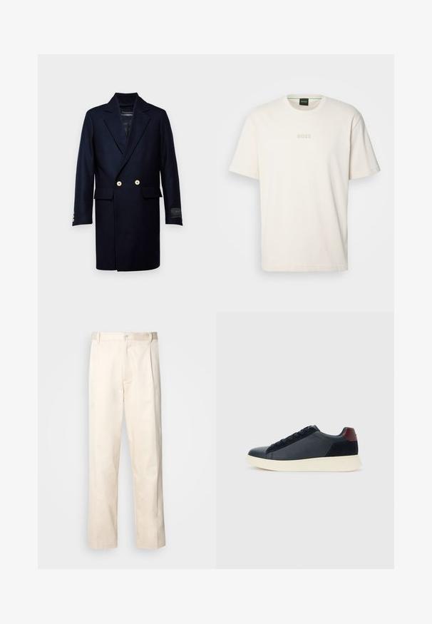 Mornarsko volneno plašč z dvojnim zapenjanjem, opremljen z zlatimi gumbi, z razrezanimi reverji in dvema sprednjima žepoma. Gladek material, dolžina do kolen.; BOSS TEE - Navadna majica - open white; Bež cottone hlače s ravnim krojem, ki imajo gumbasto zapiranje in nabore spredaj za dodatne detajle.; Nizke moške tenisice iz črnega usnja in semiša z vijoličnim petnim delom in belim gumijastim podplatom, prikazane s sprednje strani.