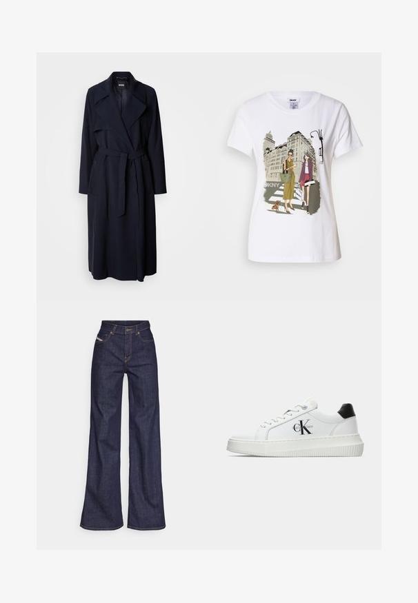 Námořnický trenčkot s velkým límcem, dlouhými rukávy, zavazovacím páskem v pase a bočními kapsami. Hladká tkanina s uvolněným střihem.; Bílý bavlněný tričko s potiskem, který zobrazuje dvě ženy v městských módních stylech se psem na přechodu a městskými budovami.; Tmavě modré džíny s širokým střihem vyrobené z denimové tkaniny, s vysokým pasem, oranžovým prošíváním, pěti kapsami a zapínáním na knoflík.; Bílé nízké tenisky s černým patním tabem, platformovou podrážkou, tkaničkami a logem Calvin Klein "CK" na boku.