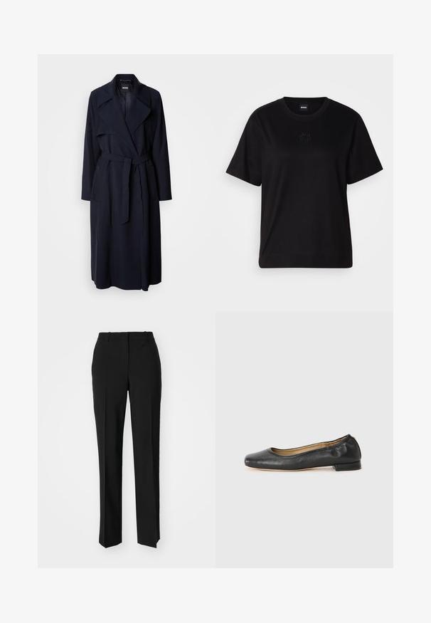 Jūrų mėlynos spalvos trenčkotai su didele apykakle, ilgomis rankovėmis, surišamu diržu liemenyje ir šoniniais kišenėmis. Lygus audinys su laisvo silueto dizainu.; Juodas medvilninis marškinėliai su apvalia iškirpte, trumpomis rankovėmis ir siuvinėjimu ant krūtinės. Paprastas, laisvas siluetas be raštų.; Juodi pritaikyti kelnių modeliai su tiesiomis kojomis, pasižyminčios lygiomis tekstūromis ir ryškiomis klostėmis priekyje. Nėra matomų detalių.; Juodos odinės baleto bateliai su apvalia nosimi ir minimaliais siūlės. Žemas, stačiakampis kulnas ir lygus paviršius. Švelnus vidinis pamušalas.