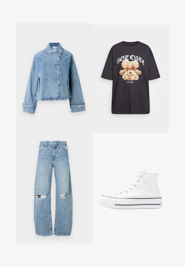 Denim jacket in light blue with a double-breasted design, golden buttons, and a cropped fit. Features a classic collar and side pockets.; Black oversized t-shirt featuring a graphic of a bear with the text “NOT CUTE BUT WILD” in bold, white lettering. Cotton material.; Light blue, high-waisted jeans made of denim. Feature wide legs, two torn knee areas, and classic five-pocket styling.; White high-top canvas sneaker with black rubber sole, front rubber toe cap, and six eyelets for laces, featuring a clean, minimalist design.