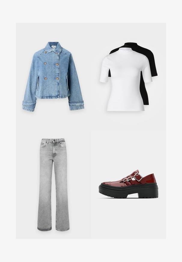 Heledad sinine teksatagi, millel on topeltrinnaga disain, kullakarvased nööbid ja lühendatud lõige. Omab klassikalist kraed ja küljetaskuid.; Kaks kõrvuti istuvat kõrge kaelusega tippu valges ja mustas. Lühikesed varrukad, sile puuvillane materjal ja keha lähedane disain. Ilma mustrite ja graafikata.; Heledad hall heled ja sirged teksad, millel on ees taskud, vööst kuuldud, samuti nööp ja lukuga sulgemine.; Punane lakknahast platvormkingad mustade kummitaldadega, millel on kaks reguleeritavat hõbedast vööti üle jala.